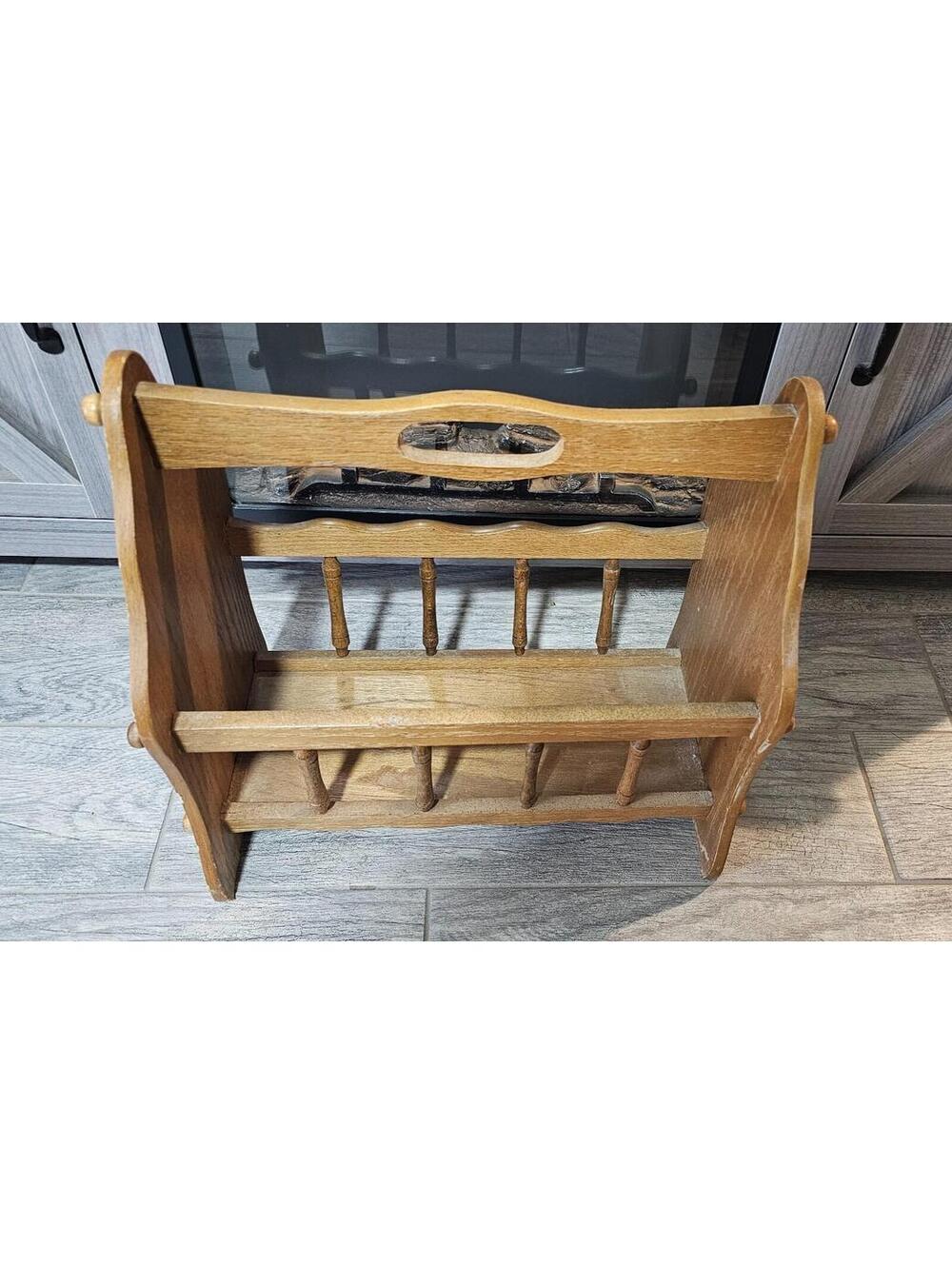 Vintage Solid Wood Oak Mid Century Magazine Book Rack Length 16 in Height 15 in